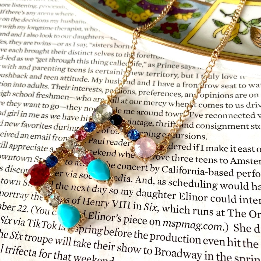 Gold Initial Letter Necklace Crystal Rainbow E Rhinestones